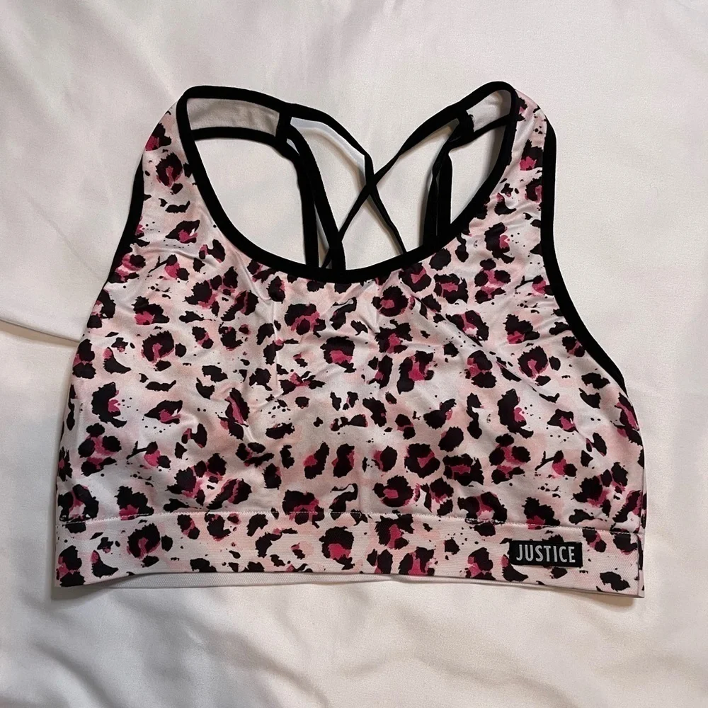 ❌SOLD❌Girls Justice oh so soft size 38 pink and black leopard print sports bra - Picture 1 of 4